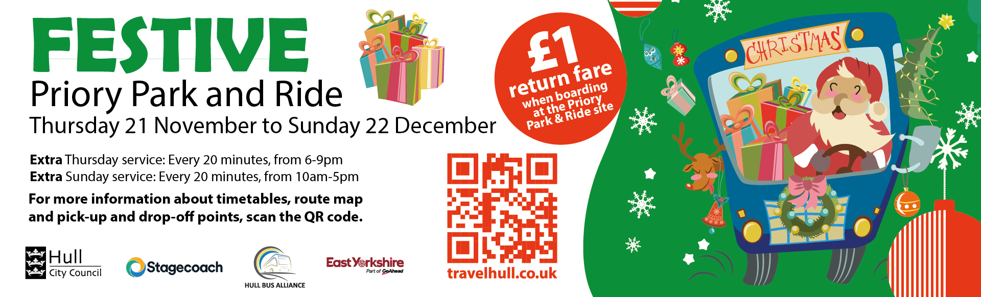 Festive Park &amp; Ride offer - additional services on Thursdays and Sundays from Thursday 21 November 2024 until Sunday 22 December 2024, with a discounted £1 return fare from the Priory Park &amp; Ride site.