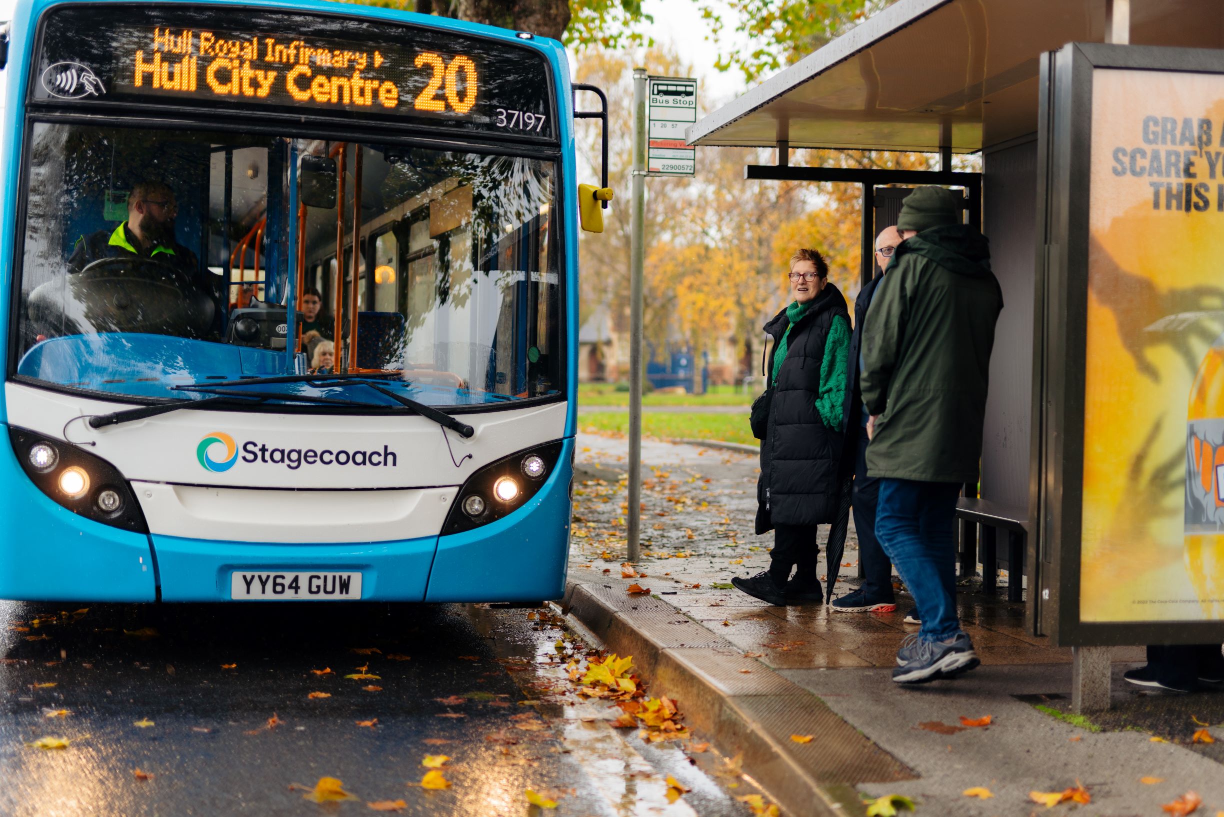 A Stagecoach bus picking up passengers at a bus stop in Hull