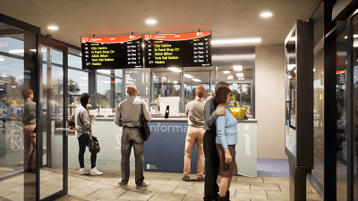 A picture of people stood in a waiting area