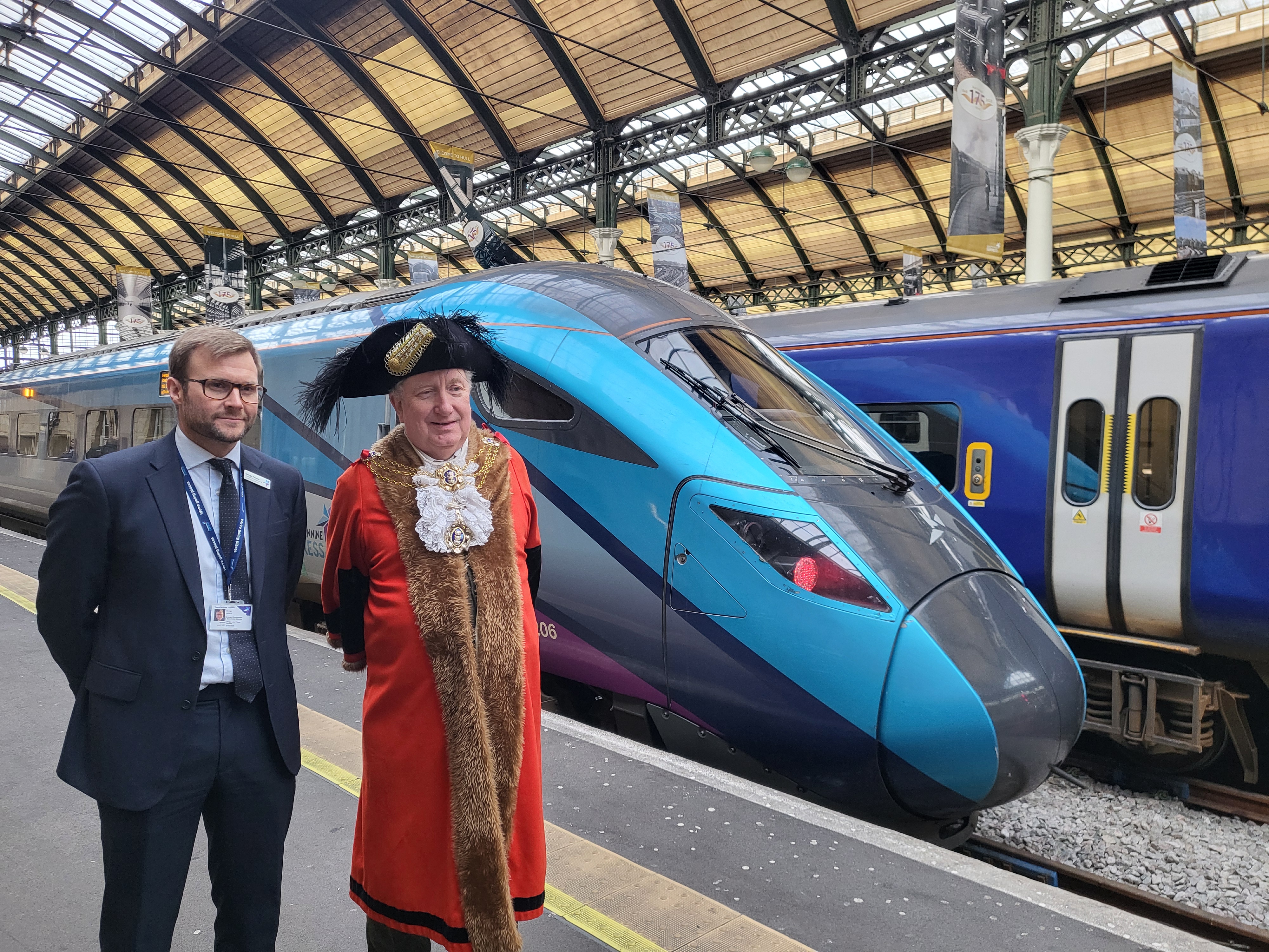 The Lord Mayor of Kingston-Upon-Hull with a representative from Trans Pennine Express with one of the new Nova 1 bi-modal trains running hourly services from Hull to Liverpool