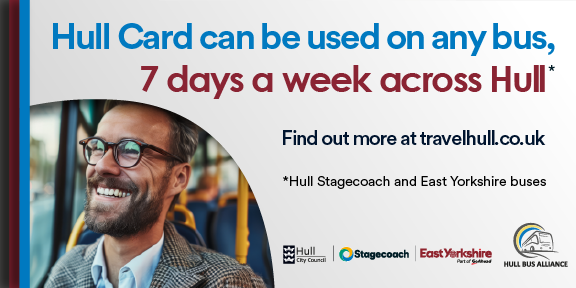 A person smiling next to the text 'Hull Card can be used on any bus, 7 days a week across Hull'